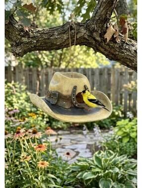 Rustic Cowboy Hat Birdhouse with Horseshoe Decoration